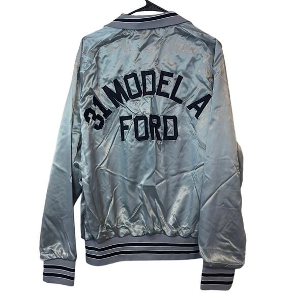 Vintage Aristo Jac by Hilton Satin Bomber Jacket 31 Model A Ford Silver Size XL - Picture 2 of 9